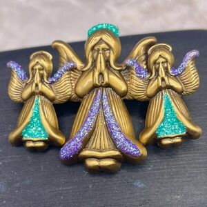 Brass Tone Three Praying Angel Brooch Pin with Purple and Green Glitter Accents